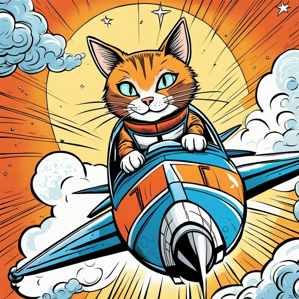 generated image of 'a cat aboard a rocket' in comic book style